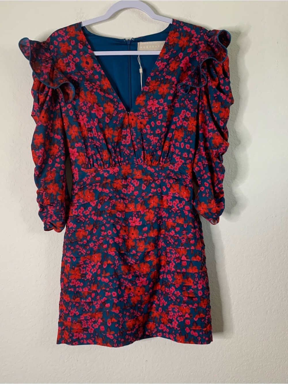 Keepsake the Label blue red floral printed v neck Ruffle LS mini dress XS